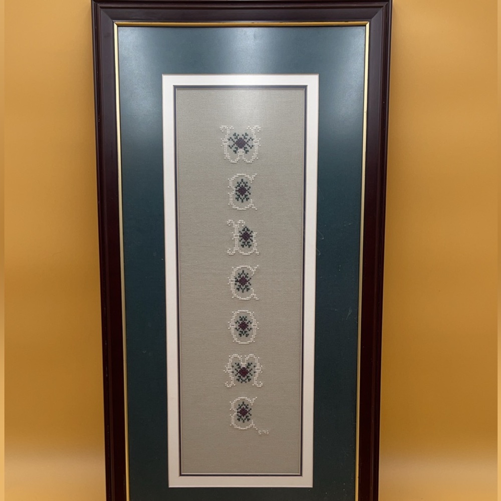 Welcome hand embroidered professionally framed wall decor, thanksgiving, green
